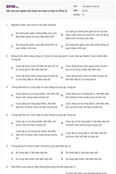 306 câu trắc nghiệm Kỹ thuật cảm biến có đáp án (Phần 9)