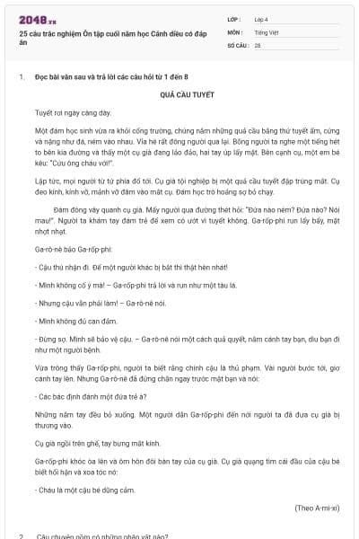 25 câu trắc nghiệm Ôn tập cuối năm học Cánh diều có đáp án