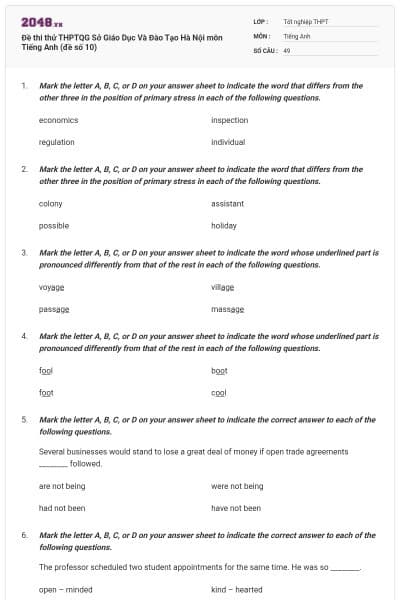 Đề thi thử THPTQG Sở Giáo Dục Và Đào Tạo Hà Nội môn Tiếng Anh (đề số 10)