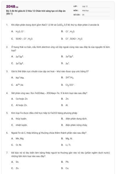 Bộ 3 đề thi giữa kì 2 Hóa 12 Chân trời sáng tạo có đáp án (Đề 1)