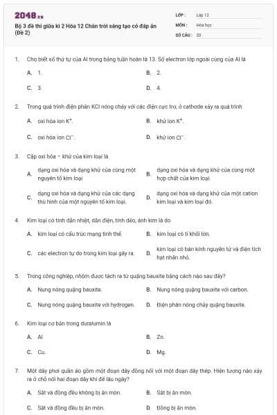 Bộ 3 đề thi giữa kì 2 Hóa 12 Chân trời sáng tạo có đáp án (Đề 2)
