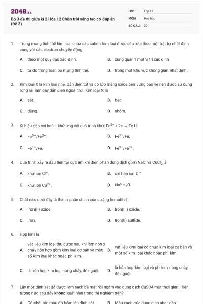 Bộ 3 đề thi giữa kì 2 Hóa 12 Chân trời sáng tạo có đáp án (Đề 3)