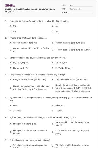 Đề kiểm tra định kì Khoa học tự nhiên 9 Chủ đề 6 có đáp án (Đề 42)