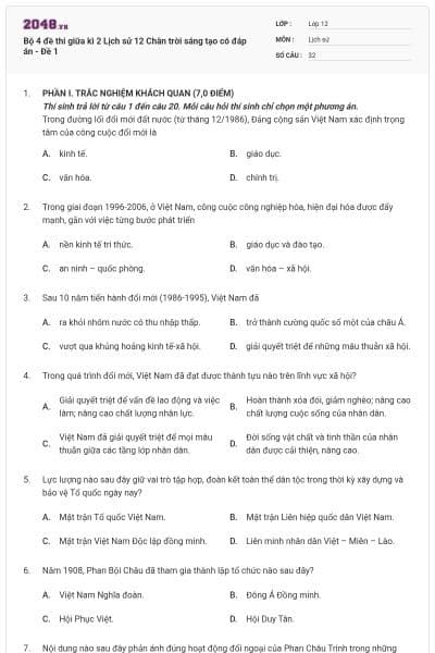 Bộ 4 đề thi giữa kì 2 Lịch sử 12 Chân trời sáng tạo có đáp án - Đề 1