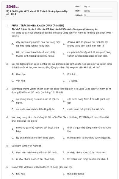 Bộ 4 đề thi giữa kì 2 Lịch sử 12 Chân trời sáng tạo có đáp án - Đề 4