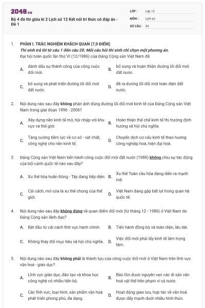 Bộ 4 đề thi giữa kì 2 Lịch sử 12 Kết nối tri thức có đáp án - Đề 1