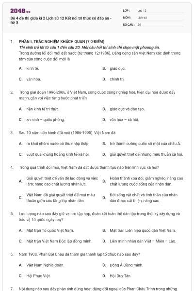 Bộ 4 đề thi giữa kì 2 Lịch sử 12 Kết nối tri thức có đáp án - Đề 3
