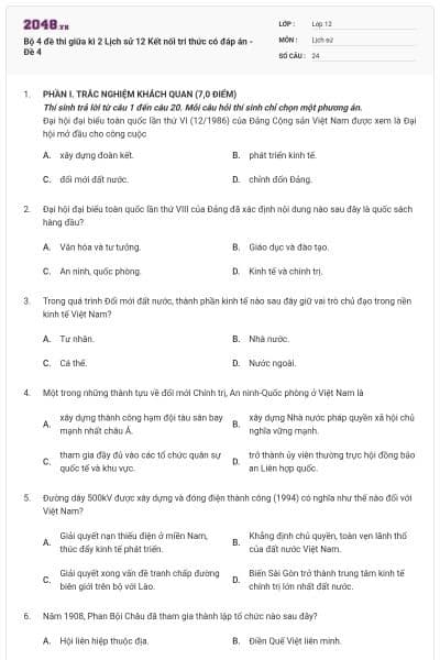 Bộ 4 đề thi giữa kì 2 Lịch sử 12 Kết nối tri thức có đáp án - Đề 4