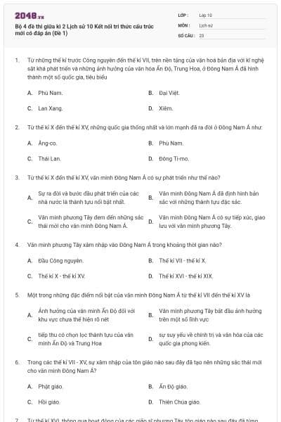 Bộ 4 đề thi giữa kì 2 Lịch sử 10 Kết nối tri thức cấu trúc mới có đáp án (Đề 1)