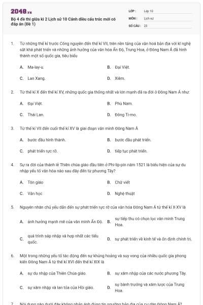 Bộ 4 đề thi giữa kì 2 Lịch sử 10 Cánh diều cấu trúc mới có đáp án (Đề 1)