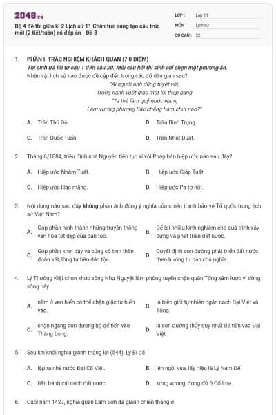 Bộ 4 đề thi giữa kì 2 Lịch sử 11 Chân trời sáng tạo cấu trúc mới (2 tiết/tuần) có đáp án - Đề 3