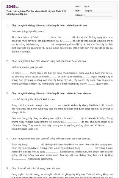 7 câu trắc nghiệm Viết bài văn miêu tả cây cối Chân trời sáng tạo có đáp án