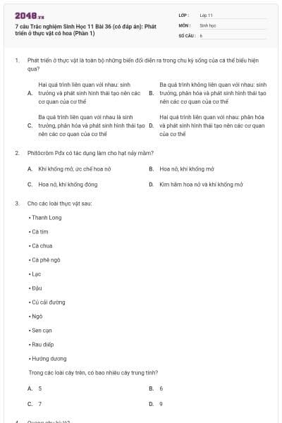 7 câu Trắc nghiệm Sinh Học 11 Bài 36 (có đáp án): Phát triển ở thực vật có hoa (Phần 1)