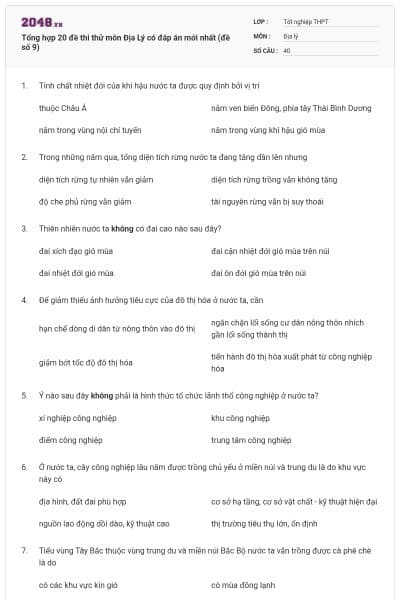 Tổng hợp 20 đề thi thử môn Địa Lý có đáp án mới nhất (đề số 9)