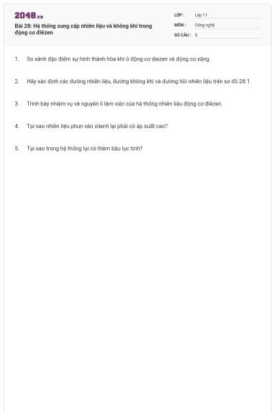 Bài 28: Hệ thống cung cấp nhiên liệu và không khí trong động cơ điêzen