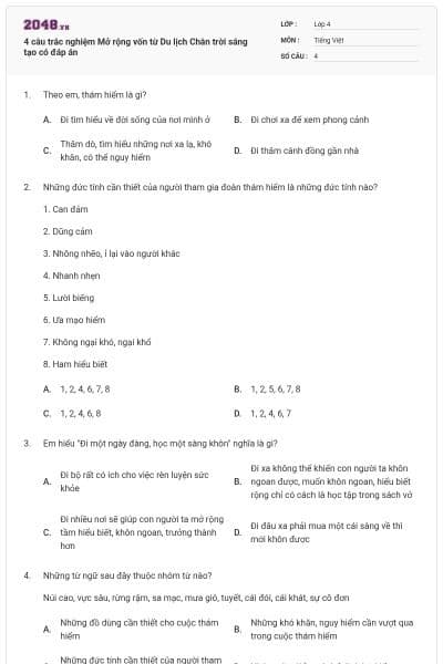 4 câu trắc nghiệm Mở rộng vốn từ Du lịch Chân trời sáng tạo có đáp án