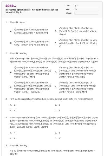 29 câu trắc nghiệm Toán 11 Kết nối tri thức Giới hạn của hàm số có đáp án