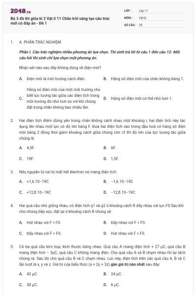 Bộ 3 đề thi giữa kì 2 Vật lí 11 Chân trời sáng tạo cấu trúc mới có đáp án - Đề 1