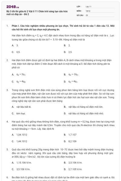 Bộ 3 đề thi giữa kì 2 Vật lí 11 Chân trời sáng tạo cấu trúc mới có đáp án - Đề 2