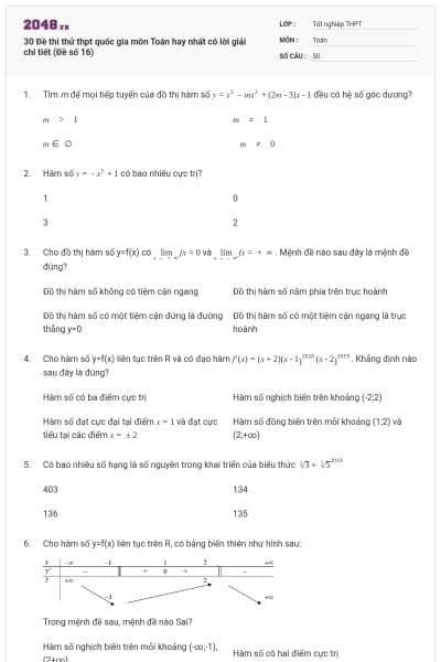 30 Đề thi thử thpt quốc gia môn Toán hay nhất có lời giải chi tiết (Đề số 16)