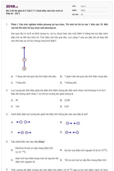 Bộ 3 đề thi giữa kì 2 Vật lí 11 Cánh diều cấu trúc mới có đáp án - Đề 2