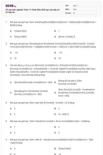 20 câu trắc nghiệm Toán 11 Cánh diều Giới hạn của dãy số có đáp án