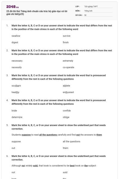 25 đề thi thử Tiếng Anh chuẩn cấu trúc bộ giáo dục có lời giải chi tiết(p25)