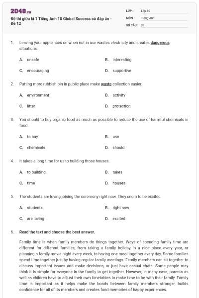 Đề thi giữa kì 1 Tiếng Anh 10 Global Success có đáp án - Đề 12
