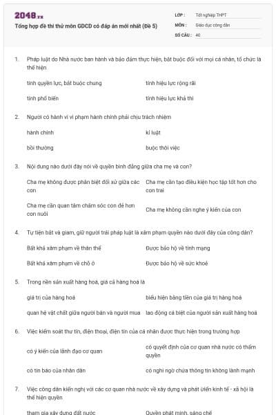 Tổng hợp đề thi thử môn GDCD có đáp án mới nhất (Đề 5)