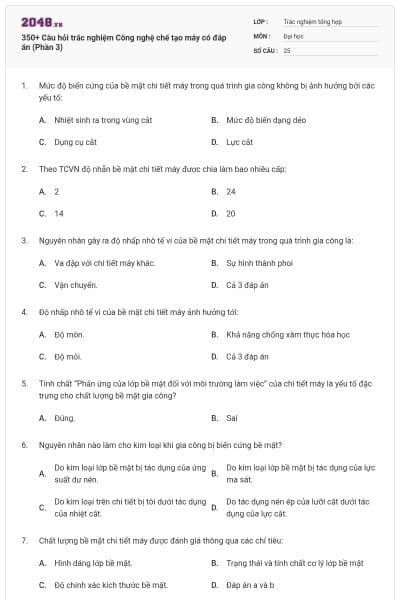 350+ Câu hỏi trắc nghiệm Công nghệ chế tạo máy có đáp án (Phần 3)