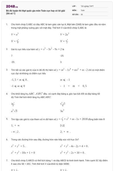 Bô đề luyện thi thpt quốc gia môn Toán cực hay có lời giải (Đề số 1)