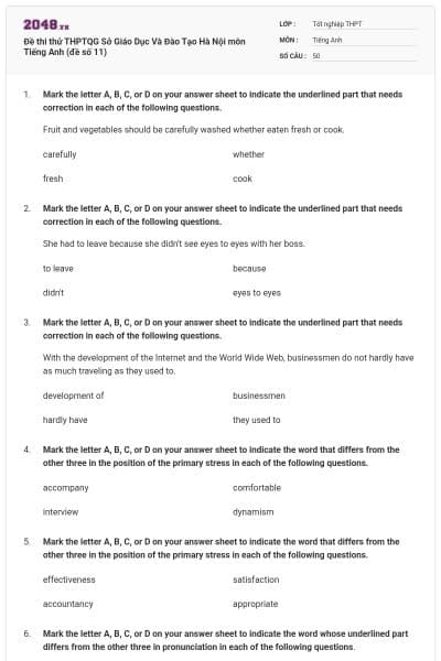 Đề thi thử THPTQG Sở Giáo Dục Và Đào Tạo Hà Nội môn Tiếng Anh (đề số 11)