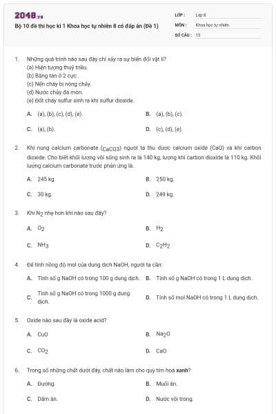 Bộ 10 đề thi học kì 1 Khoa học tự nhiên 8 có đáp án (Đề 1)