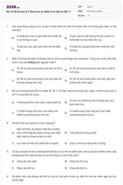 Bộ 10 đề thi học kì 2 Khoa học tự nhiên 8 có đáp án (Đề 1)