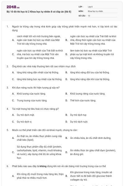 Bộ 10 đề thi học kì 2 Khoa học tự nhiên 8 có đáp án (Đề 8)