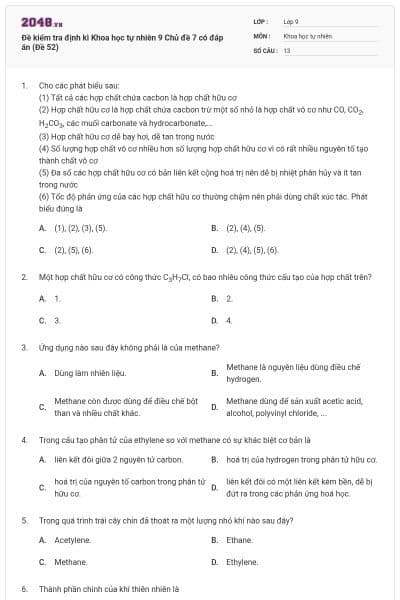 Đề kiểm tra định kì Khoa học tự nhiên 9 Chủ đề 7 có đáp án (Đề 52)