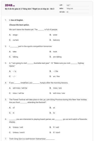 Bộ 8 đề thi giữa kì 2 Tiếng Anh 7 Right on có đáp án - Đề 3