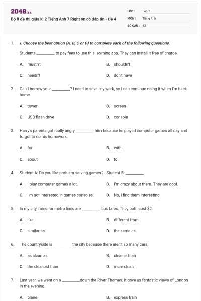 Bộ 8 đề thi giữa kì 2 Tiếng Anh 7 Right on có đáp án - Đề 4