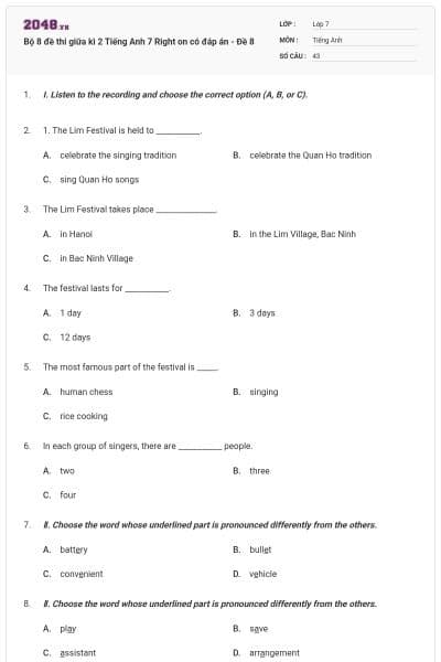 Bộ 8 đề thi giữa kì 2 Tiếng Anh 7 Right on có đáp án - Đề 8