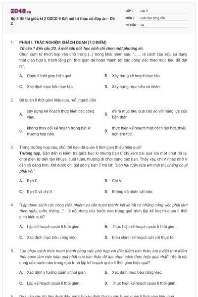 Bộ 5 đề thi giữa kì 2 GDCD 9 Kết nối tri thức có đáp án - Đề 2