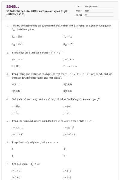 30 đề thi thử thpt năm 2020 môn Toán cực hay có lời giải chi tiết (đề số 21)