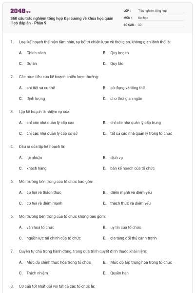 360 câu trắc nghiệm tổng hợp Đại cương về khoa học quản lí có đáp án - Phần 9