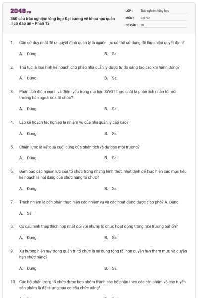 360 câu trắc nghiệm tổng hợp Đại cương về khoa học quản lí có đáp án - Phần 12