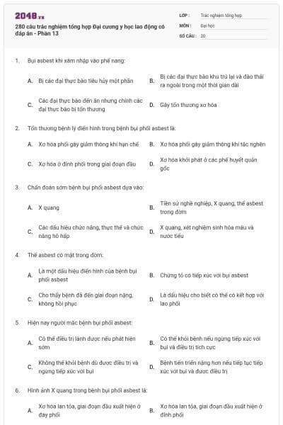 280 câu trắc nghiệm tổng hợp Đại cương y học lao động có đáp án - Phần 13
