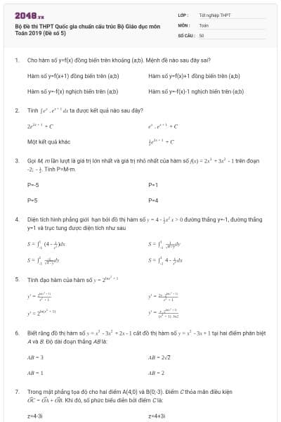 Bộ Đề thi THPT Quốc gia chuẩn cấu trúc Bộ Giáo dục môn Toán 2019 (Đề số 5)