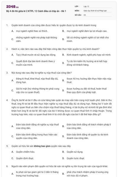 Bộ 4 đề thi giữa kì 2 KTPL 12 Cánh diều có đáp án - Đề 1