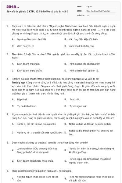 Bộ 4 đề thi giữa kì 2 KTPL 12 Cánh diều có đáp án - Đề 3