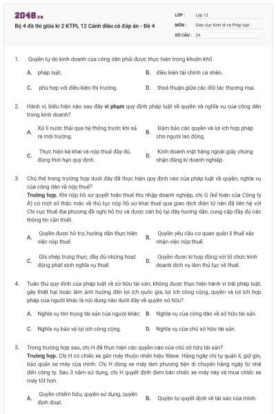 Bộ 4 đề thi giữa kì 2 KTPL 12 Cánh diều có đáp án - Đề 4