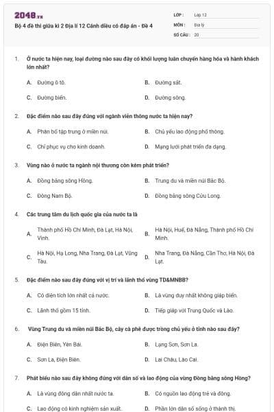 Bộ 4 đề thi giữa kì 2 Địa lí 12 Cánh diều có đáp án - Đề 4