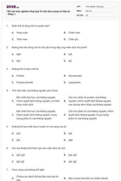 180 câu trắc nghiệm tổng hợp Vi sinh đại cương có đáp án - Phần 1